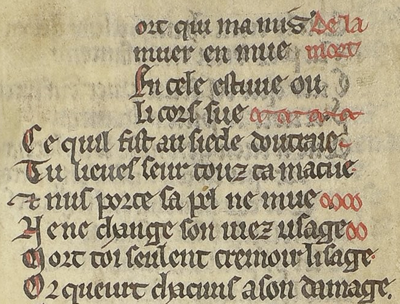 Opening lines of Helinand's <i>Les Vers de la Mort</i>, from manuscript
        Paris, Bibliothèque nationale, français 19530, thirteenth century, fol. 123 recto.
